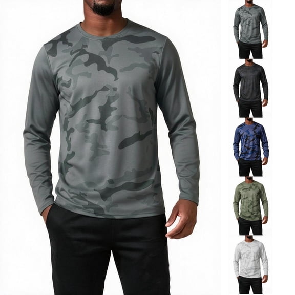 Men's Camo Print Color Block Shirt,Long Sleeve Crew Neck Breathable Quick Dry Clothes, Casual Athletic Fall Daily Top Black L