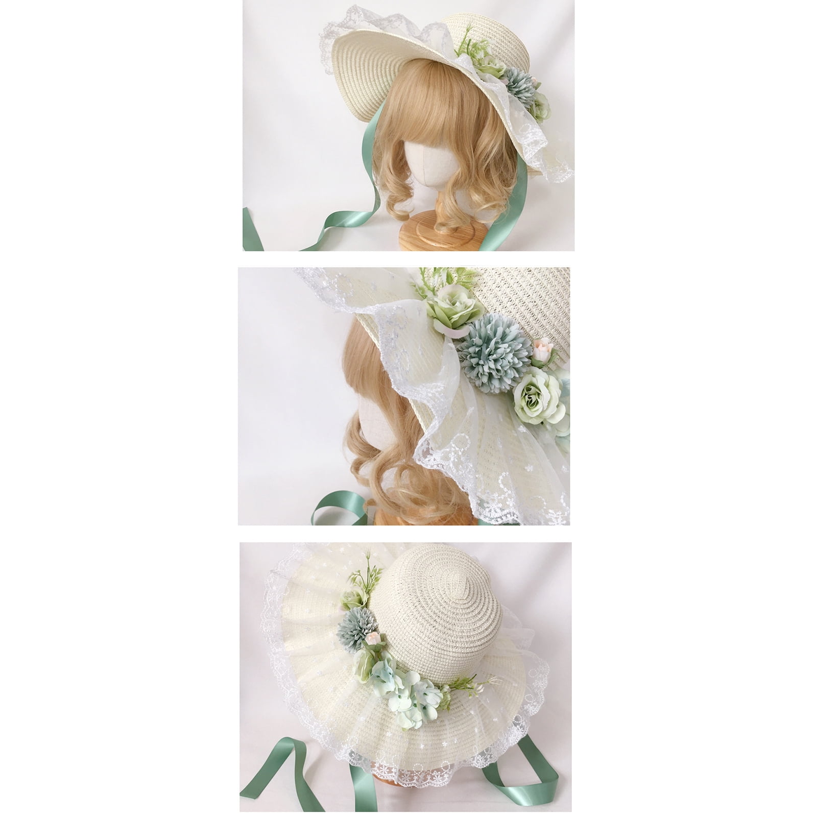 Victorian Straw Bonnet Hat Sun Protective Hat Lace Flower Vacation Fisherman Hat Teaparty Hat Lady Headwear