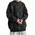 thumbnail image 3 of TFEOQRY Men's Crew Neck Sweater Loose Checkered Textured Knit Long Sleeve Pullover Casual Fall Winter Warm Top Black, 3 of 4