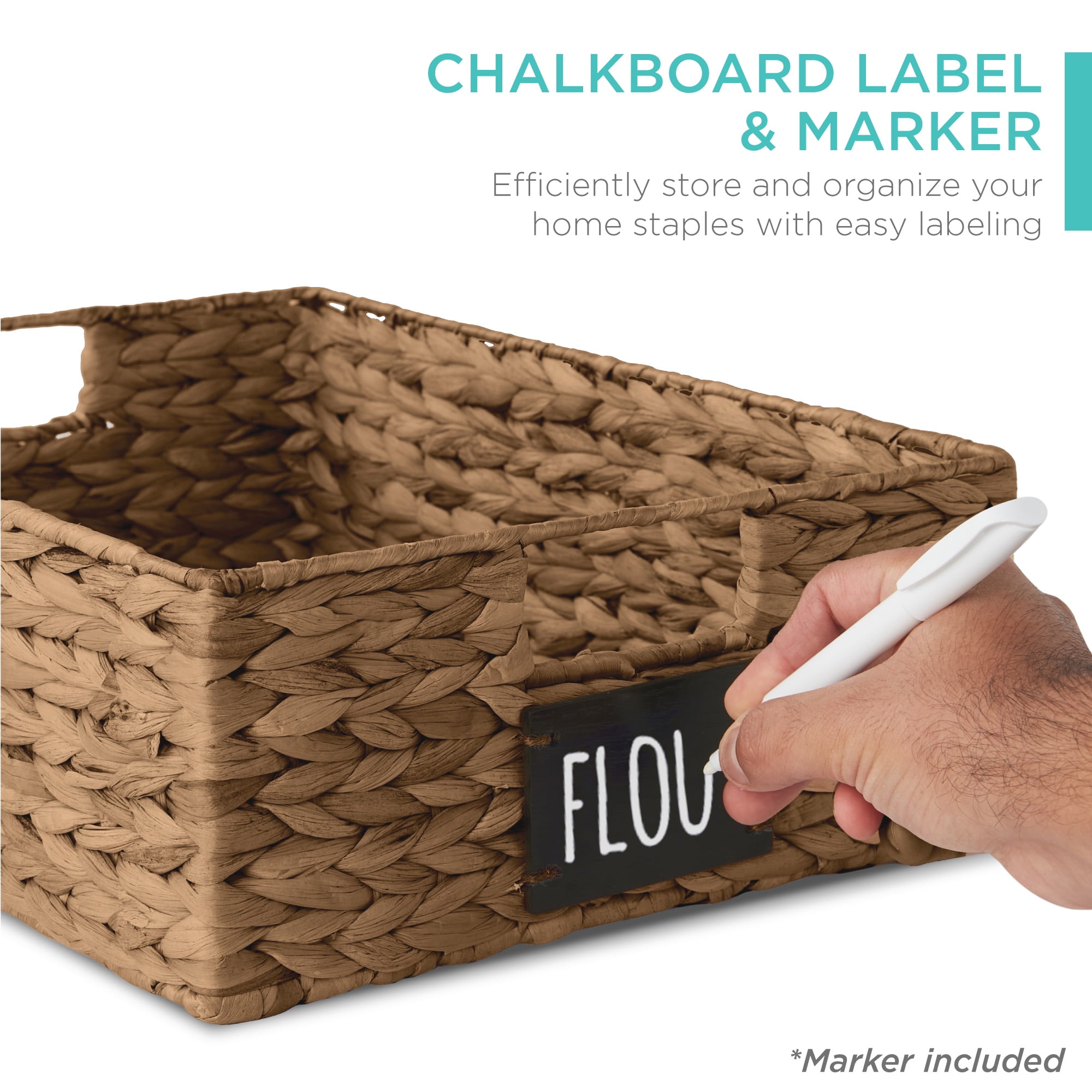 Best Choice Products Set of 4 16x12in Woven Water Hyacinth Pantry Baskets w/ Chalkboard Label, Chalk Marker - Chestnut
