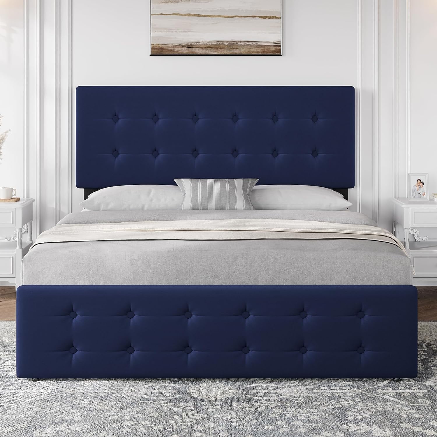 Queen Size Bed Frame with 4 Storage Drawers and Headboard, Velvet Upholstered Platform Bed Frame with Wooden Slats Support, Button Tufted Design, No Box Spring Needed, Blue