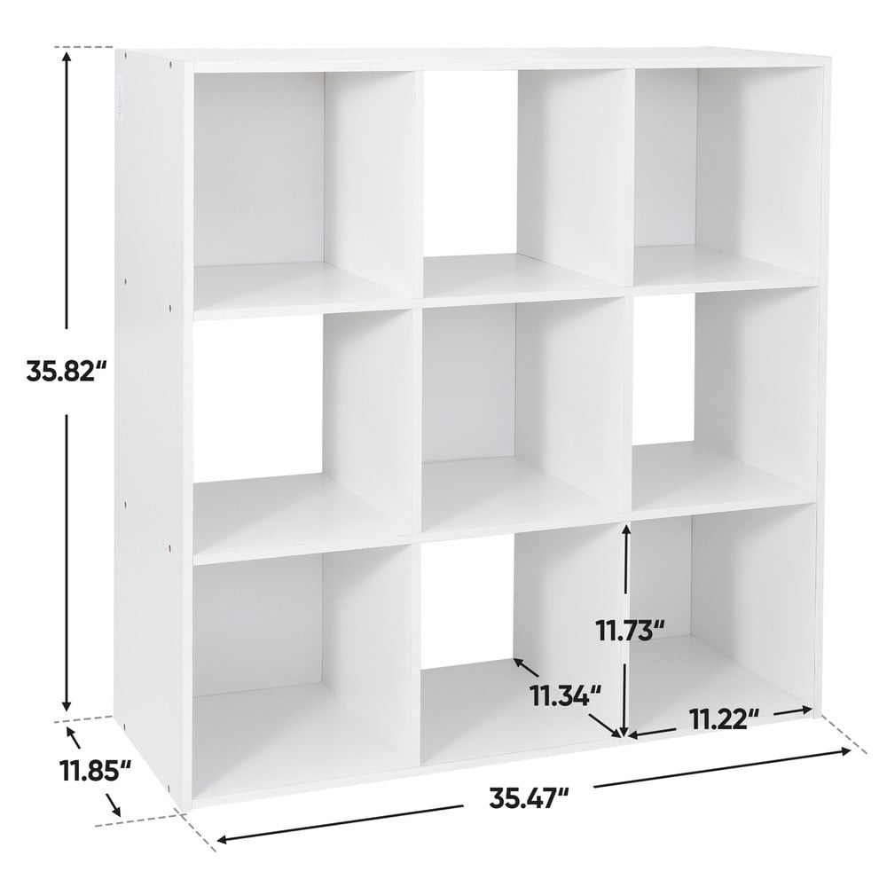 SONGMY 9-Cube White Storage Organizer Bookcase, Modern Bookshelf for Living Room, Home Office Display Shelf with Fabric Bins, Cube Storage Organizer Cabinet