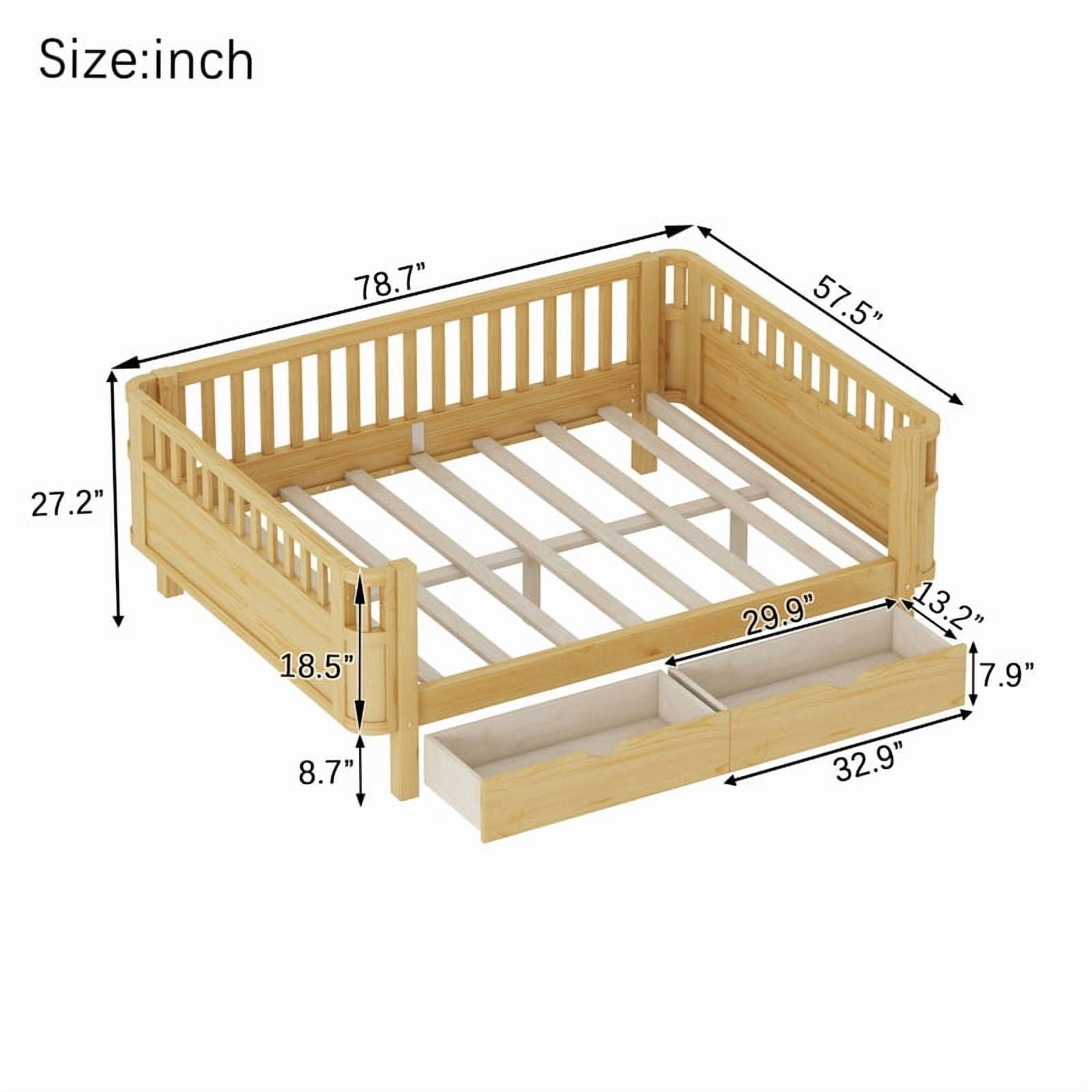 Full Size Bed Frame with Rails, Wood Montessori Bed Full with 2 Storage Drawers &Slats Support, Modern Daybed with Removable Bed Rails for Bedroom Living Room, Natural