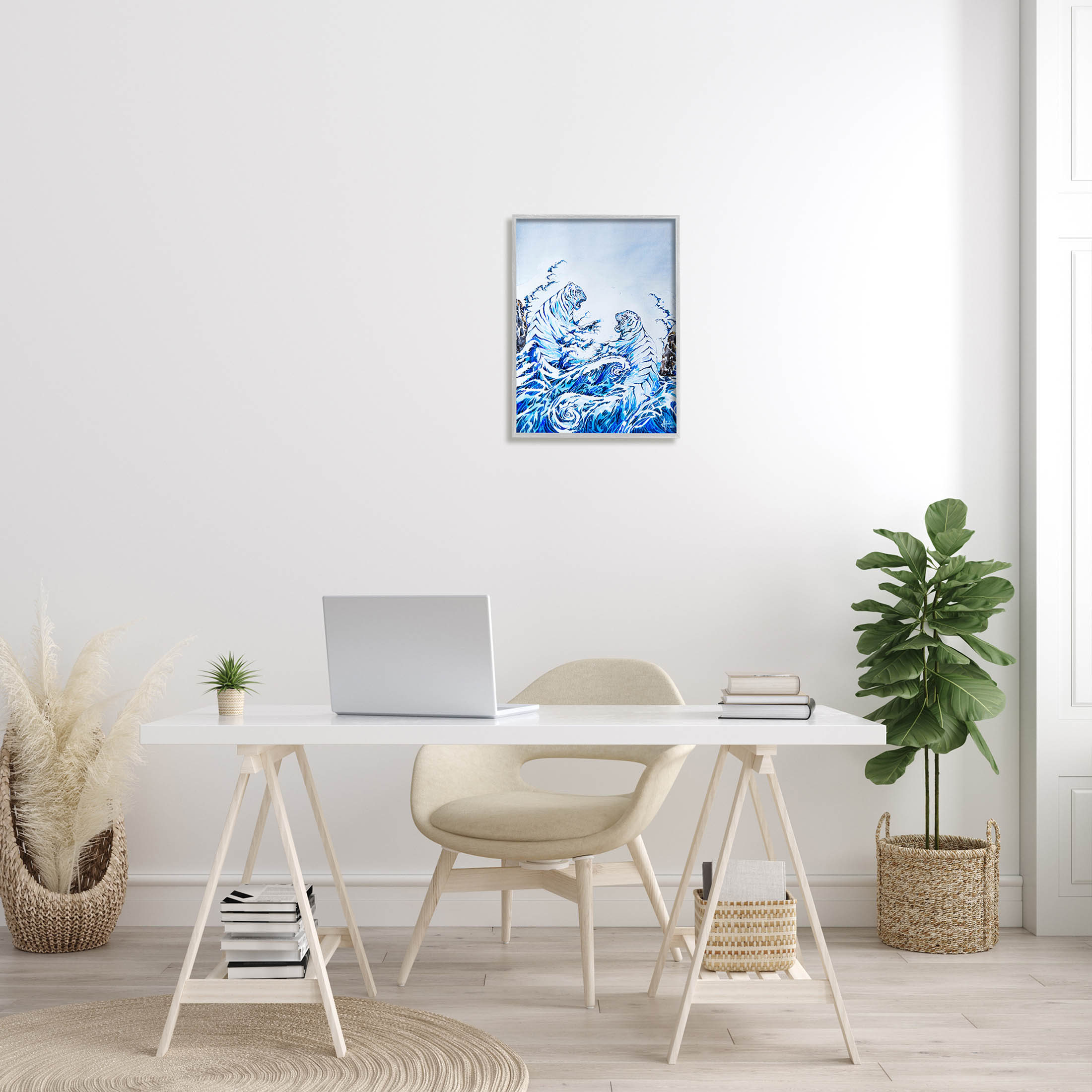 Dueling Tigers Ocean Waves Animals & Insects Painting Gray Framed Art Print Wall Art