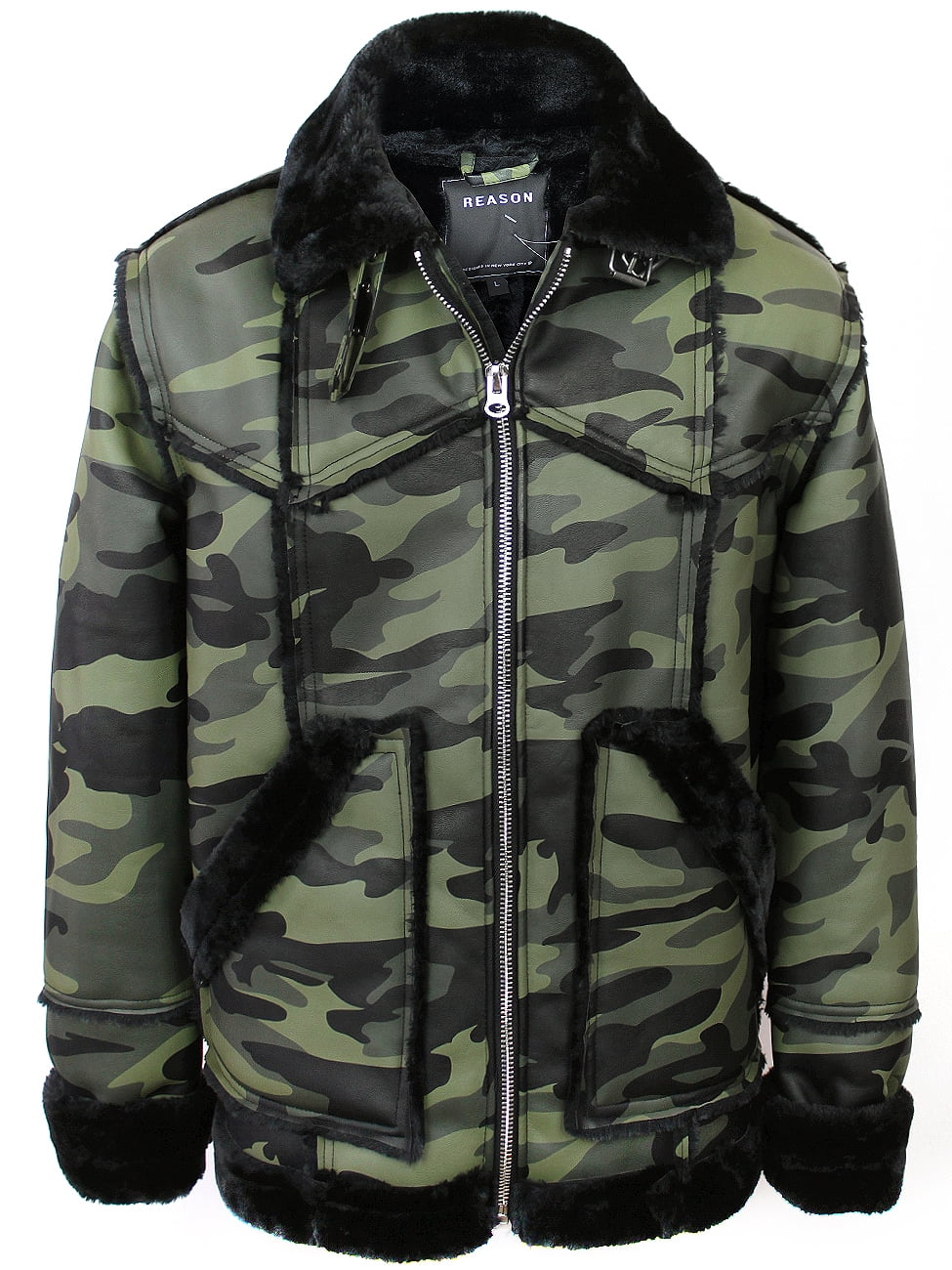 Mens Paneled Shearling Camo Faux Leather Winter Outerwear Lined Jacket