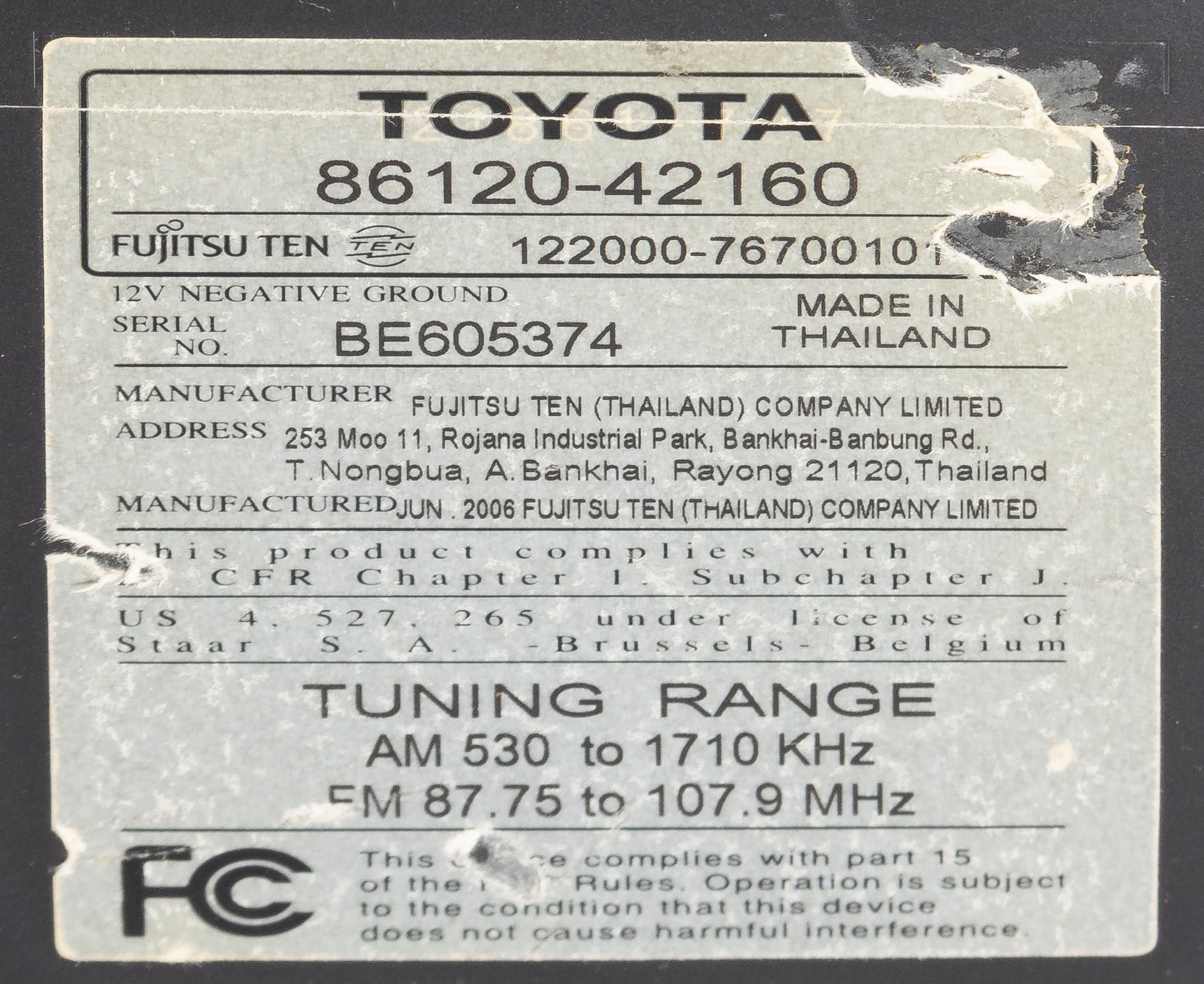 Restored 2006-08 Toyota RAV4 AMFM Radio Single Disc CD Player Code 86120-42160 Face 11811 (Refurbished)