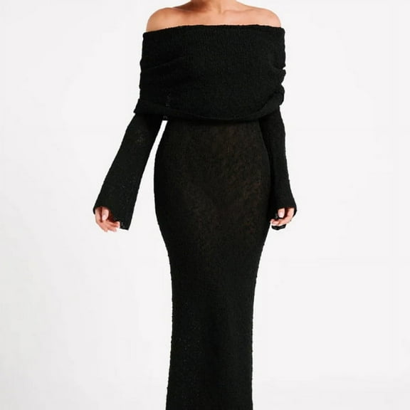 Off Shoulder Long Sleeve Dress (S, Black)