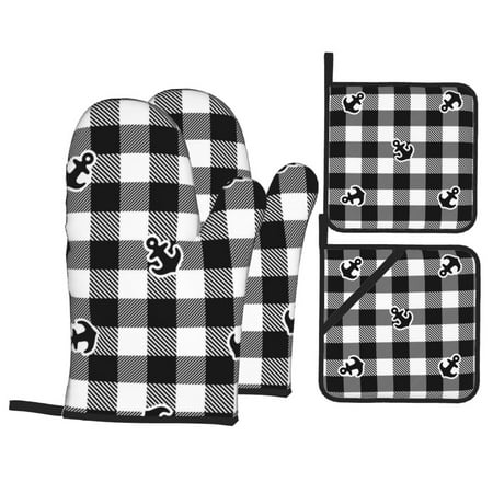

Oven Mitts and Pot Holders Sets 4 pcs Anchor Black Tartan Plaid Non-Slip Oven Gloves Potholders Soft Quilted Lining Heat Resistant Gloves Hot Pads for Kitchen Cooking Baking