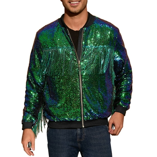 Chaqueta Varsity Brillante INSPIRE CHIC para Hombre con Cremallera, Chaquetas de Béisbol Bomber con Lentejuelas Brillantes de los 70, S Verde