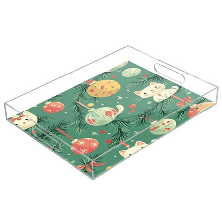 

WOBOGO Acrylic Serving Trays 15.7x11.8 Inch Spill Proof Clear Decorative Organizer with Handle Cute Illustration Of Christmas Cat Ornaments