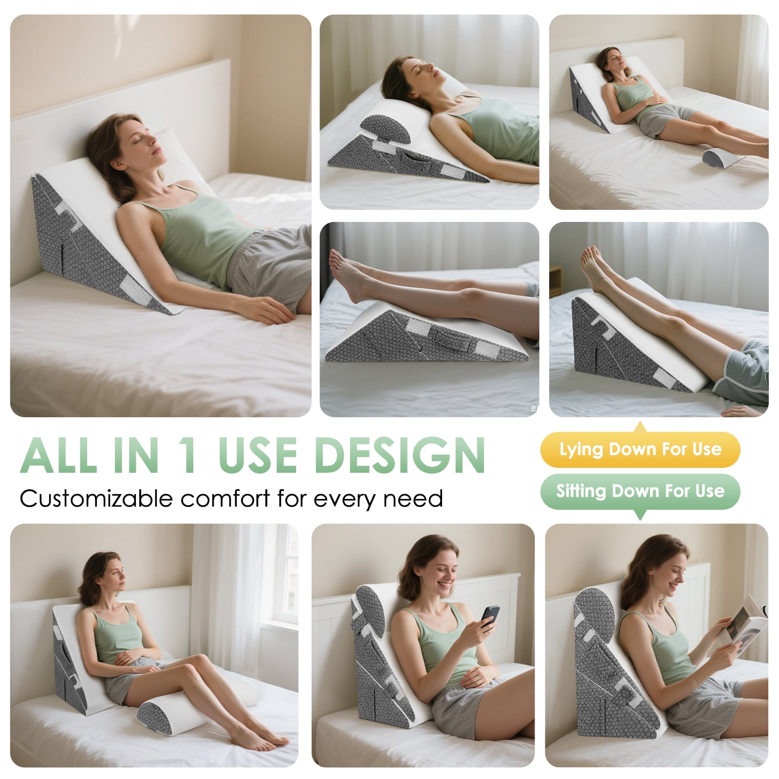 AMTPM Adjustable Wedge Pillow, 2 Heights (9" & 12") Cooling Gel Memory Foam Wedge Pillow Set with Roll Pillow for Acid Reflux, Snoring, Back Pain Relief