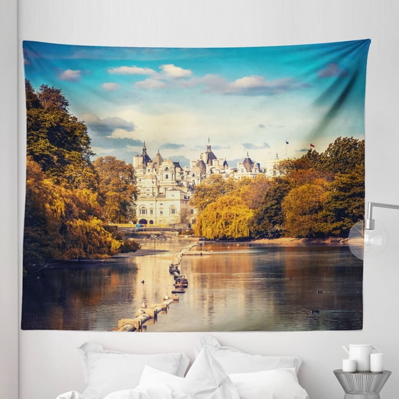 London Tapestry, Picturesque ST James Park in UK Baroque Architecture Heritage Medieval Landscape, Fabric Wall Hanging Decor for Bedroom Living Room Dorm, 5 Sizes, Multicolor, by Ambesonne
