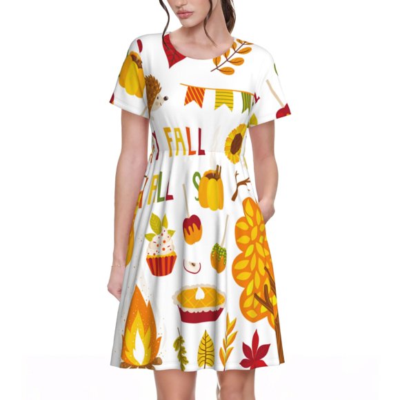 Bixox Women's Short Sleeve Summer Dress Loose Swing Knee Length Dresses with Pockets-HAPPY FALL Y'ALL