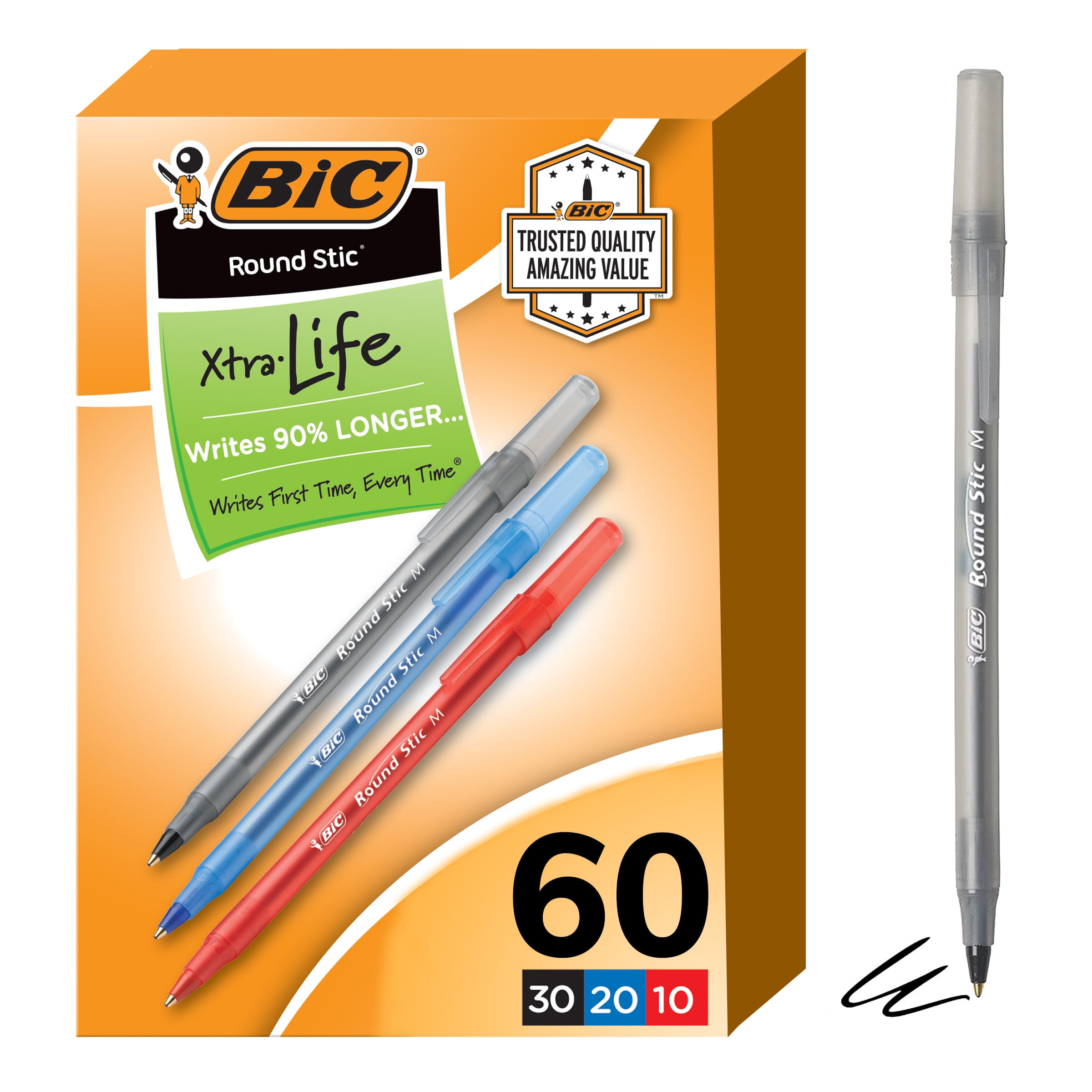 BIC Round Stic Xtra Life Ballpoint Pens, Medium Point Assorted Colors, 60 Count - Walmart.com