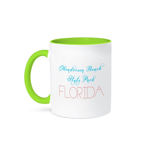 3drose, Henderson Beach State Park, Florida. Red, Blue Text on White, 11oz Two-tone Green Mug