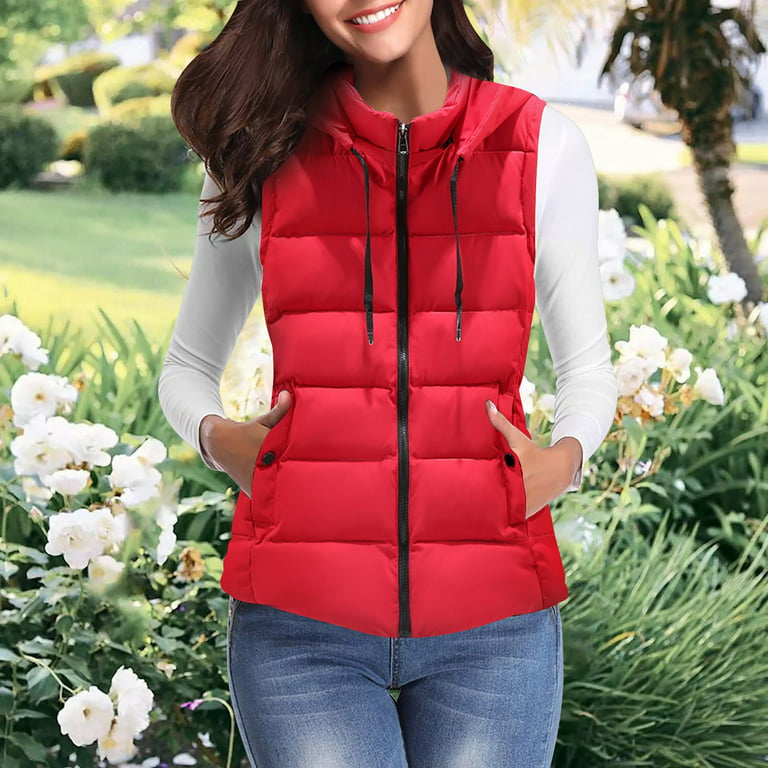 CAICJ98 Vests For Women Work Women's Thicken Winter Vest Quilted Warm  Puffer Vest with Removable Hood Red,XXL