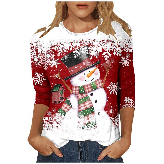 WEAIXIMIUNG T-Shirt de Noël Imprimé Col Rond Manches 3/4 Décontracté pour Femmes Saint-Valentin