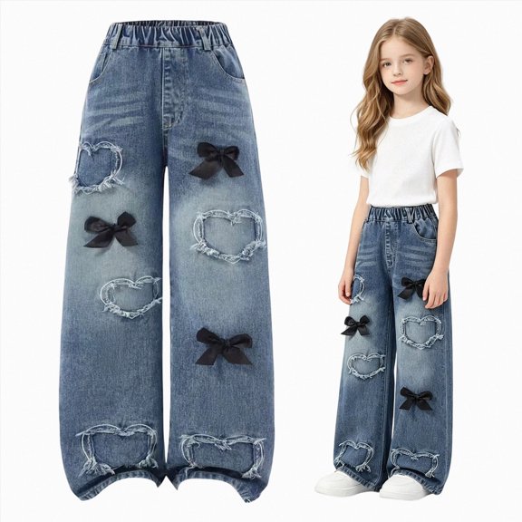 7-8 Years Child Cargo Pants Girls High Waist Wide Leg Casual Pants with Pockets Stretchy Drawstring Baggy Y2K Trousers