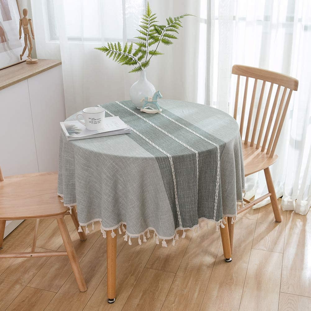 Round Table Cloth Stitching Tassel Tablecloth 60 Inch Heavy Weight Cotton Linen Fabric Dust Proof Cover For Kitchen Dinning Farmhouse Tabletop Decoration Gray Com Round Table Cloth Stitching Tassel, 60 Inch Round Table Top Cover