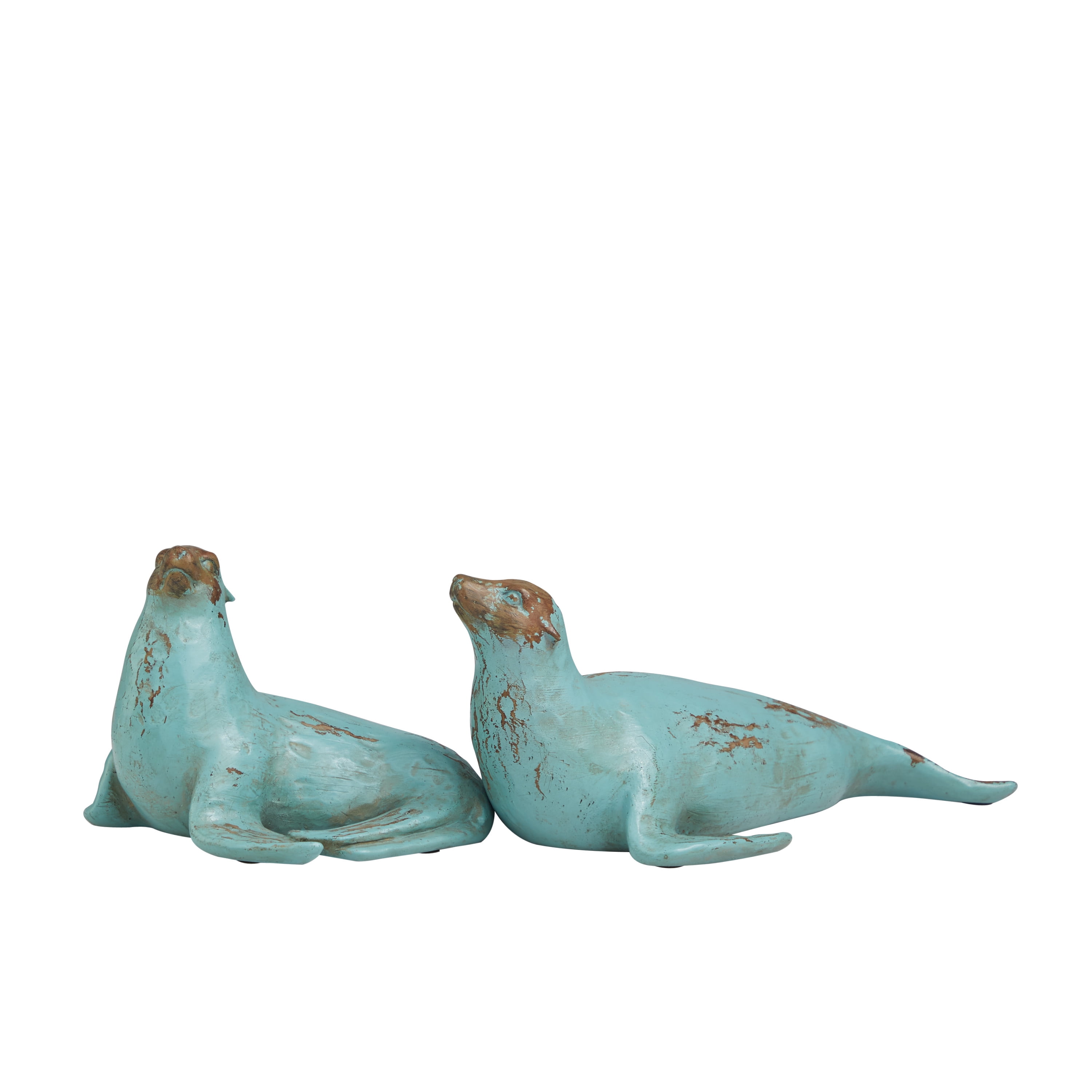 13", 7"W Teal Polystone Distressed Sea Lion Sculpture with Brown Wood Inspired Accents, by DecMode (2 Count)