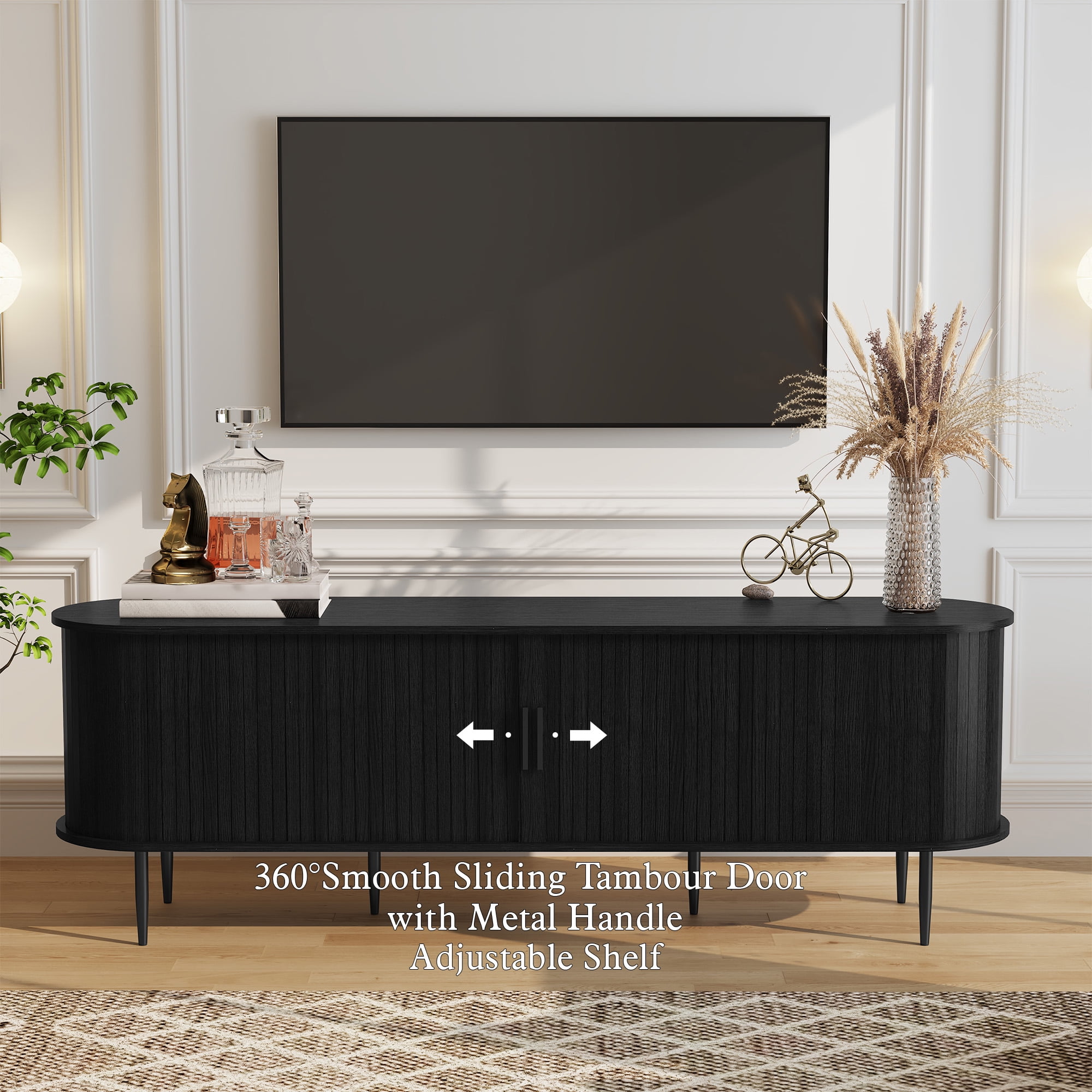 HLR 70" Mid Century TV Stand with Tambour Door for TVs up to 80", Entertainment Center with Storage, Black