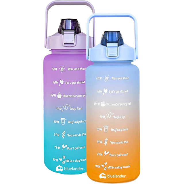 Set de 2 Botellas para Agua Motivacional 2.2 Litros Bluelander con Popote Asa de Transporte Morado-Azul Azul-Naranja