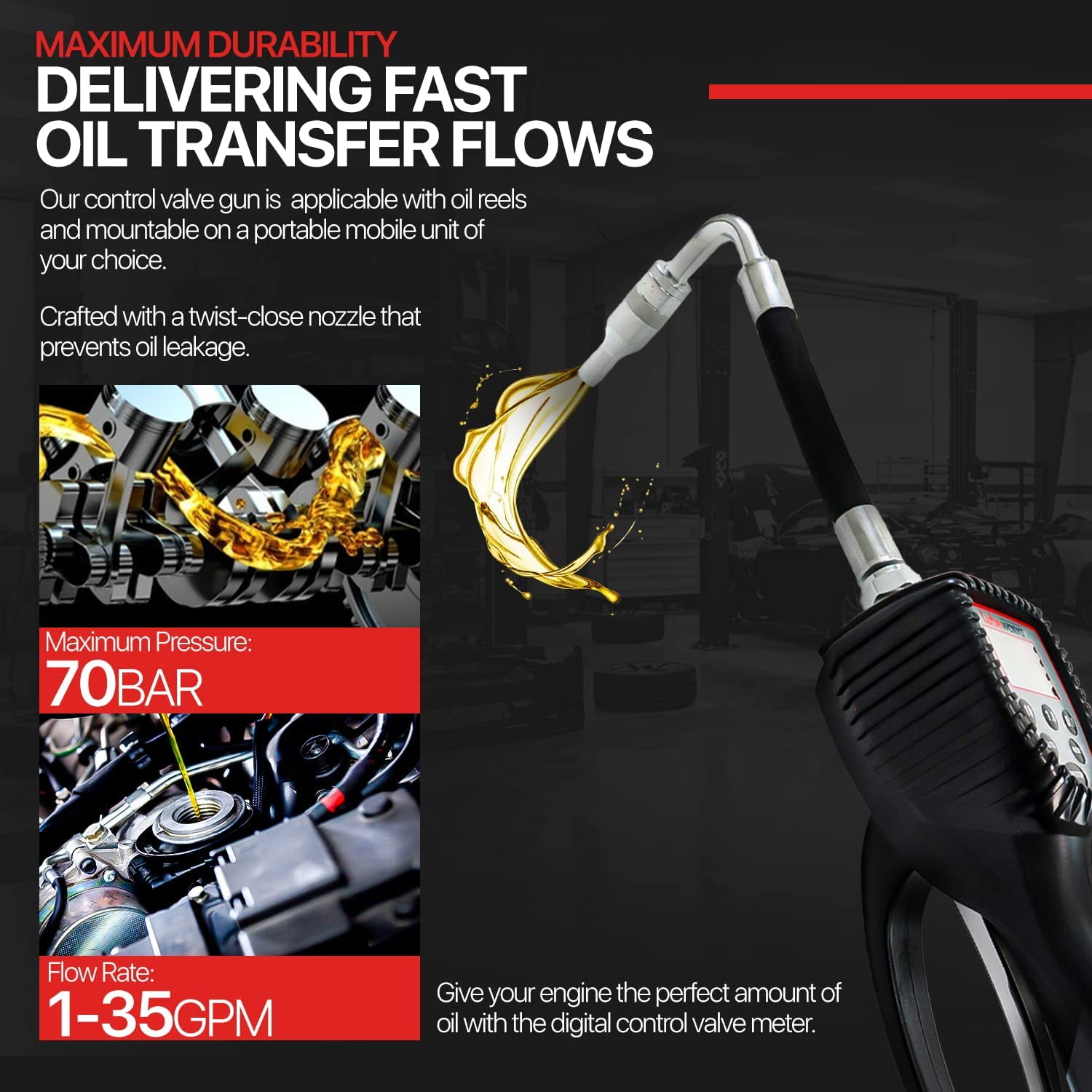 Lubeworks Oil Gun - 10GPM, 1/2" NPT Inlet, Flexible Nozzle & Locking Trigger