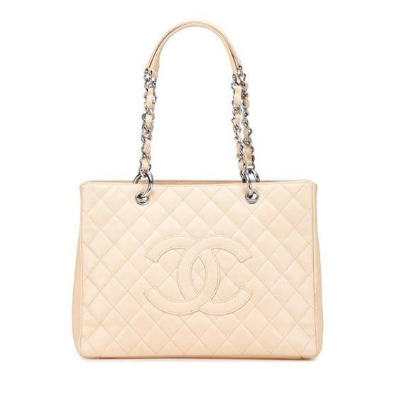 Pre-Owned CHANEL Matelasse Coco Mark Chain Tote Bag in Beige Caviar Leather for Women