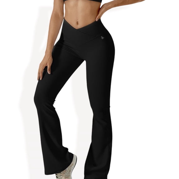High-Rise Flared Yoga Pants with Crossover Waist Detail - X Large, Black