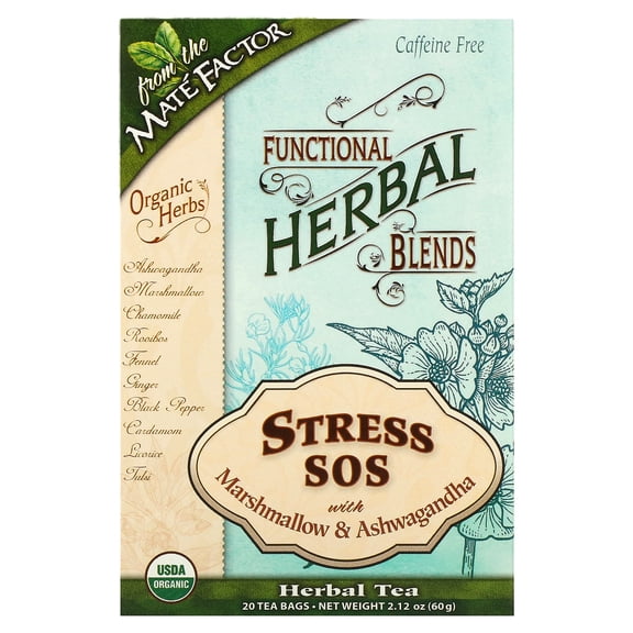 Mate Factor Stress SOS with Marshmallow & Ashwagandha, Caffeine Free, 20 Tea Bags, 2.12 oz (60 g)