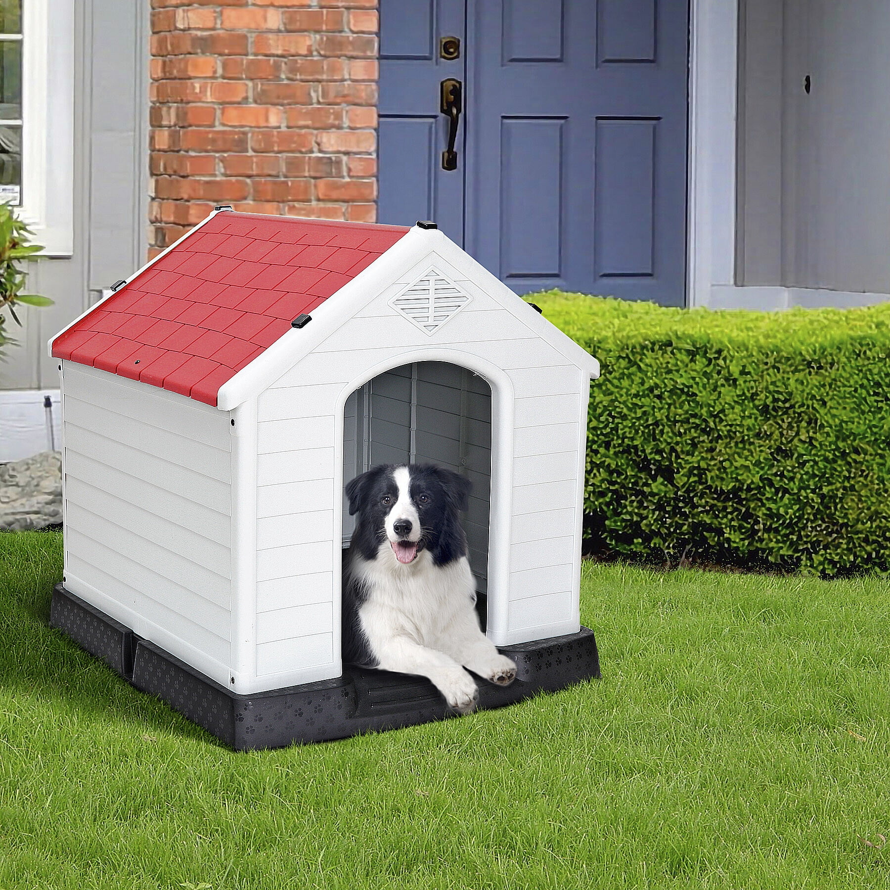 HomGarden 34-in Plastic Large Dog House Outdoor Pet Puppy Shelter Kennel W/Air Vents, Red