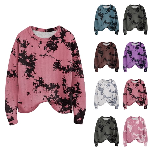 Long Sleeve Pullover Sweaters For Women O Neck Casual Cute Printing Knit Oversized Sweater for Fall Winter Retro Chic,Blue,L