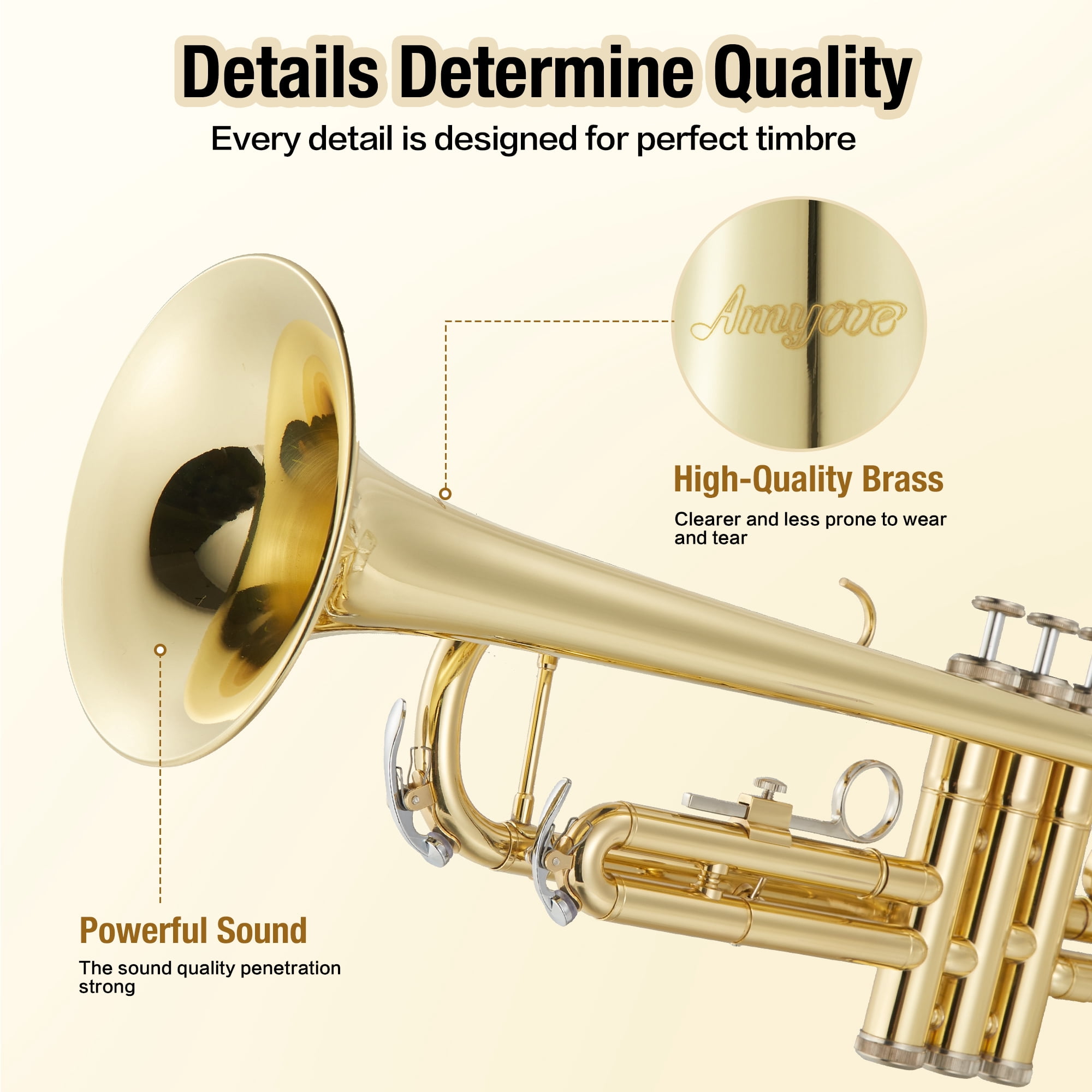 CazToi Bb Trumpet Brass Instrument Gold Lacquer Finish with Case Mouthpiece & Cleaning Kit