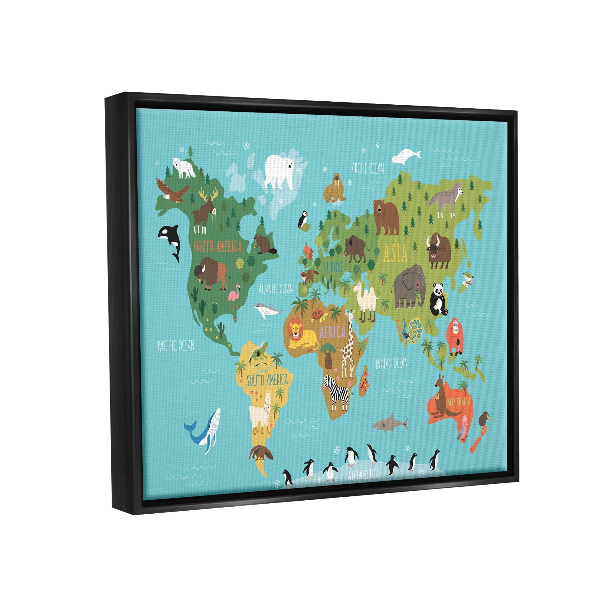 Stupell Industries Country Animals World Map Continents Wildlife Diagram Graphic Art Jet Black Floating Framed Canvas Print Wall Art, Design by Abi Hall
