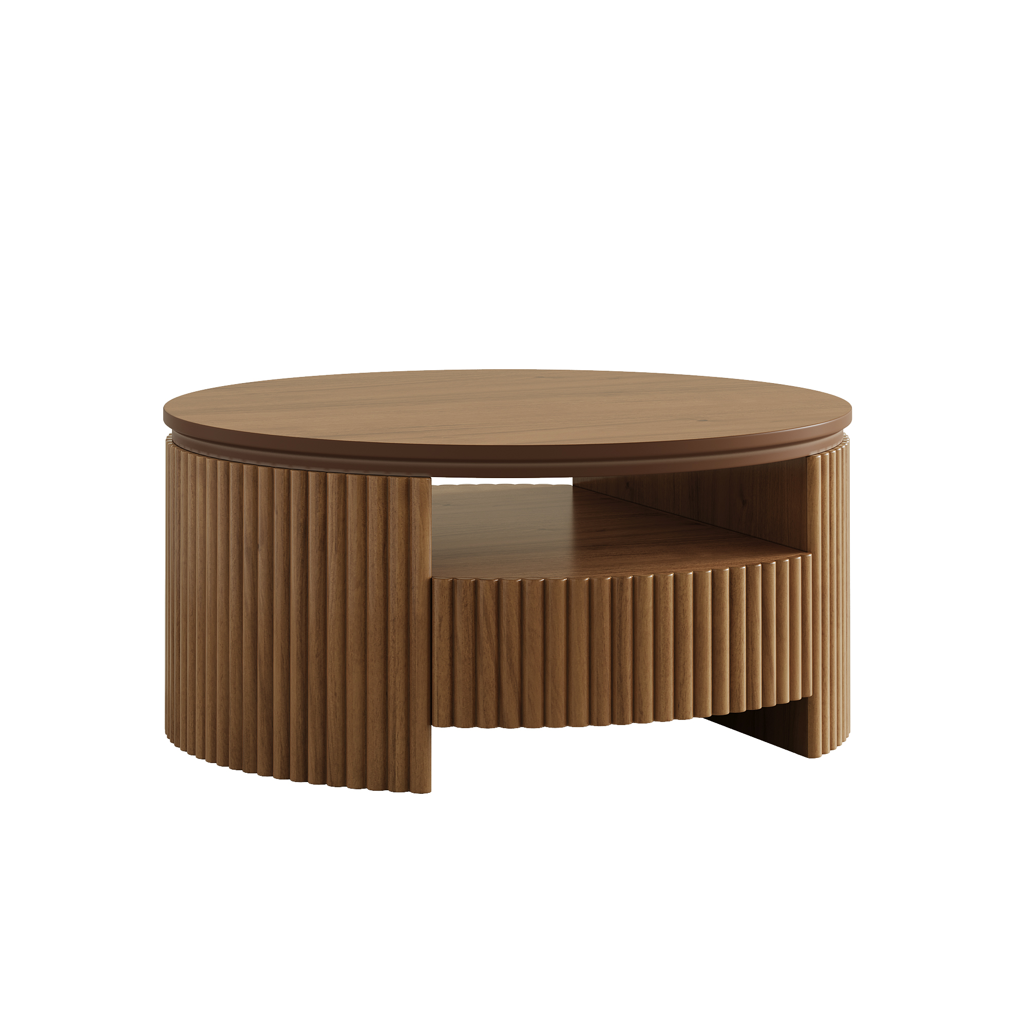 Garitin Coffee Table and Round Fluted Drum Pedestal 30.3 Inch, Mid Century Modern Center Table with Hidden Storage Drawers for Living Room, Walnut