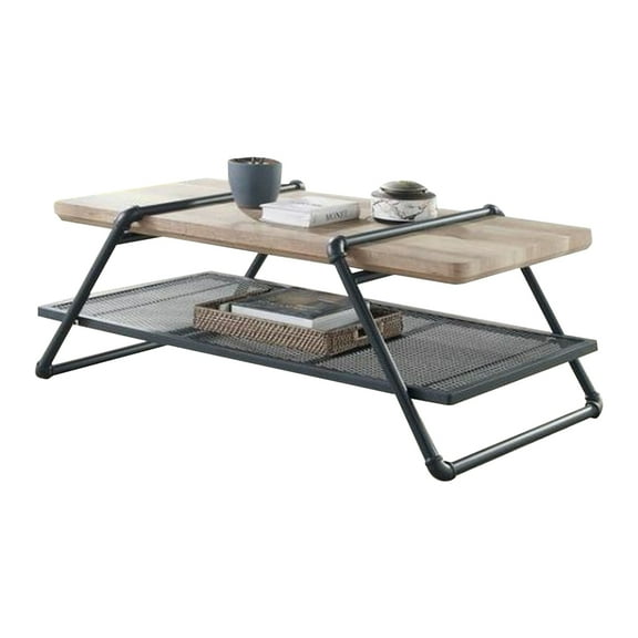 Coffee Table with Wooden Top and Mesh Shelf, Brown and Black- Saltoro Sherpi