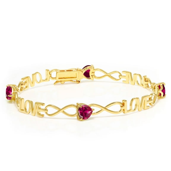 Gem Stone King 3.84 Cttw Heart Shape Red Created Ruby Tennis Bracelet for Women | 18K Yellow Gold Plated Silver | 6MM Heart Shape | 7.5 inch