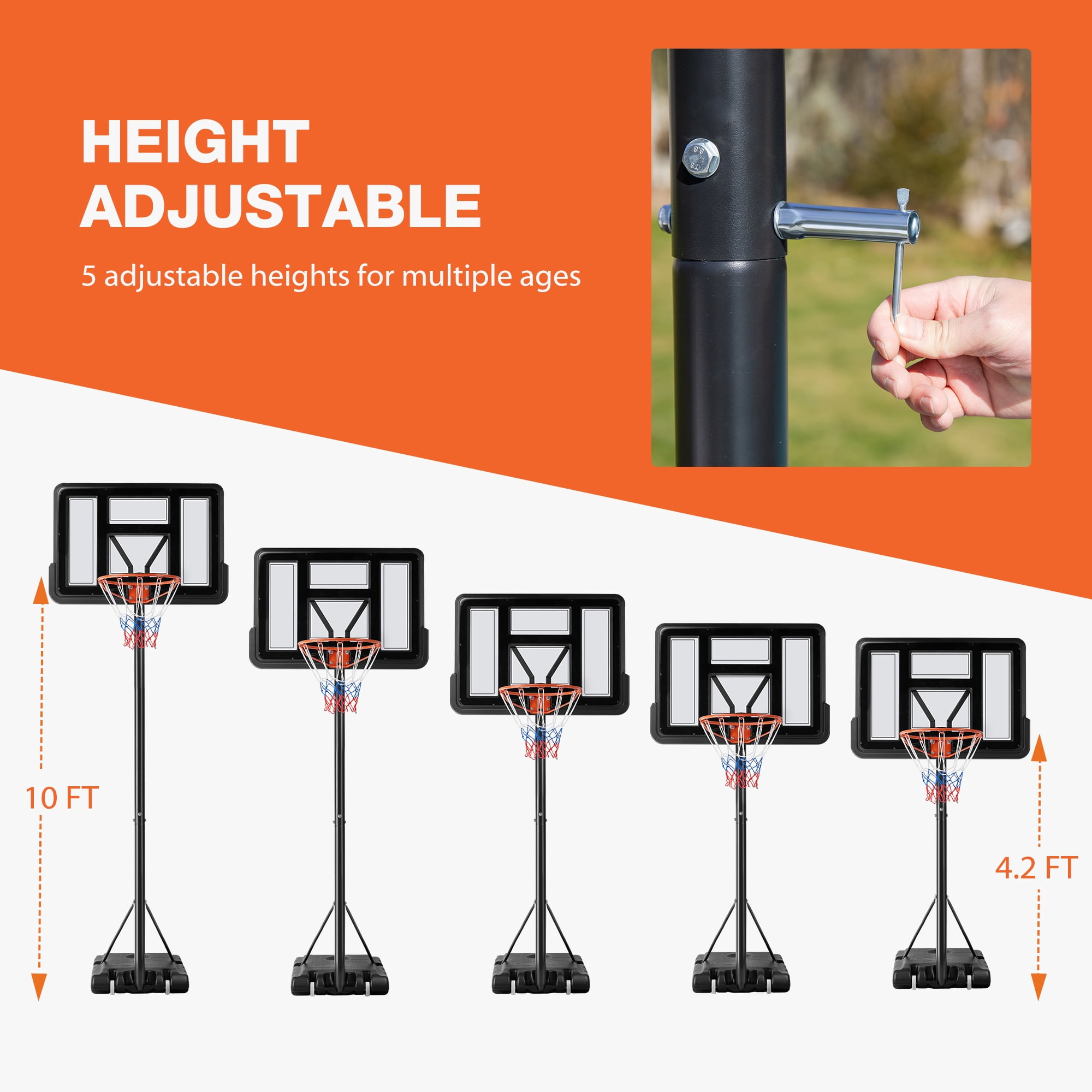 JOINSUN 4.2-10ft Basketball Hoop with Adjustable Height, Shatterproof Backboard for Kids, Adults