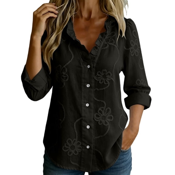APEXFWDT Floral Boho V Neck Shirt Women Long Sleeve Button Down Shirts Casual Western Shirts