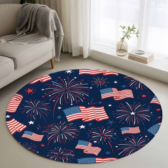 4th of July Round Area Rug 4Ft Washable Circle Rugs for Bedroom Dining Room, Independent Day American Flag Stars Red Blue Non-Slip Carpet Floor Mats Indoor Outdoor Carpet Runner Aesthetic Home Decor