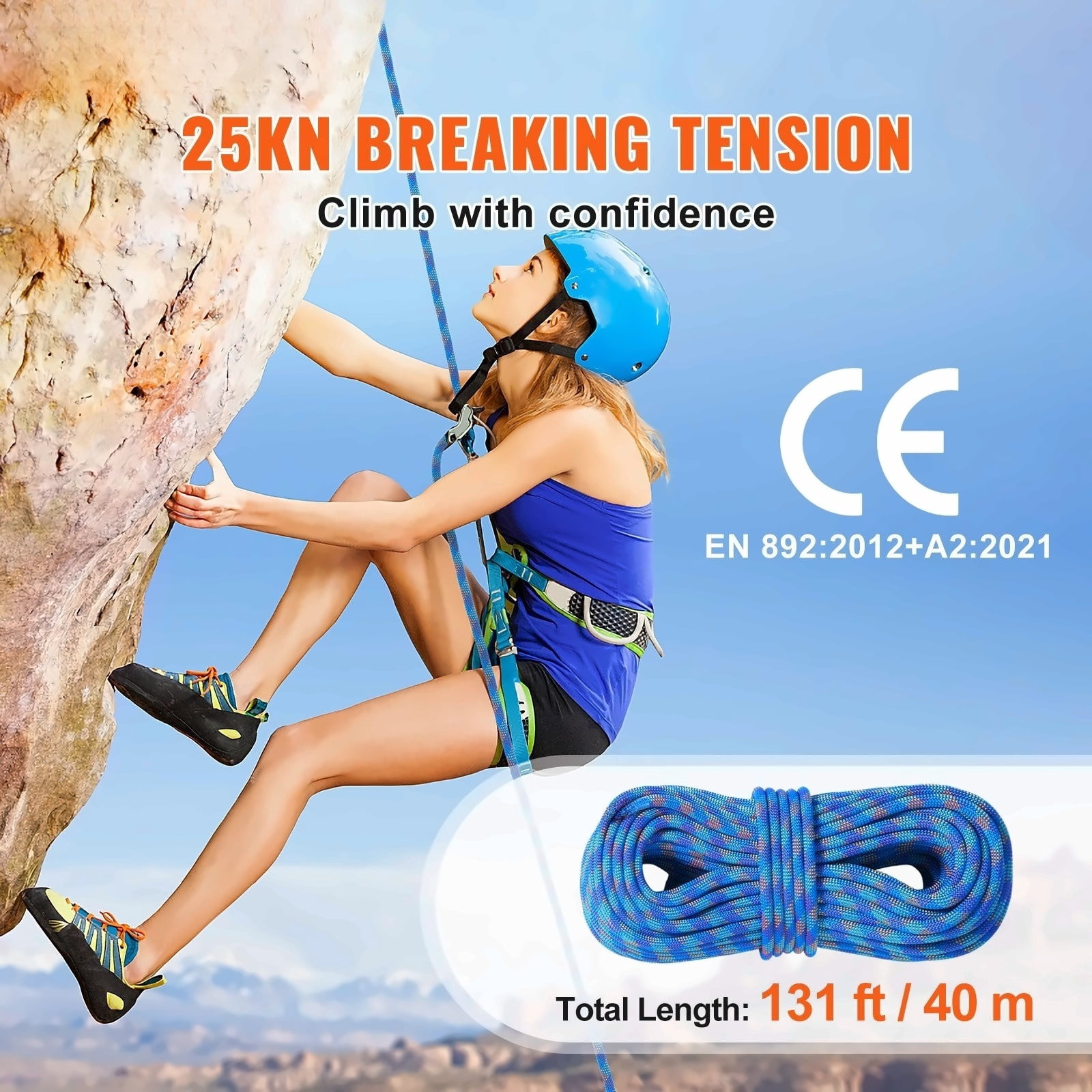 10.2mm Climbing Rope 40M, Dynamic Rope 25KN, Rock Climbing Rappelling Escape Rope with Steel Hooks - Blue