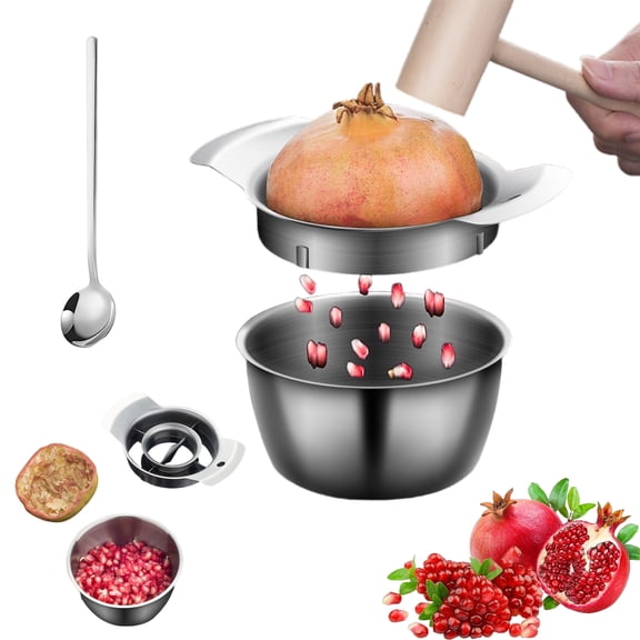 304 Stainless Steel Pomegranate Peeling Tool, Pomegranate Deseeder with Bowl and Wooden Hammer, Anti-Slip Seed Remover for Home Kitchen Easy Deseeding (1PC)