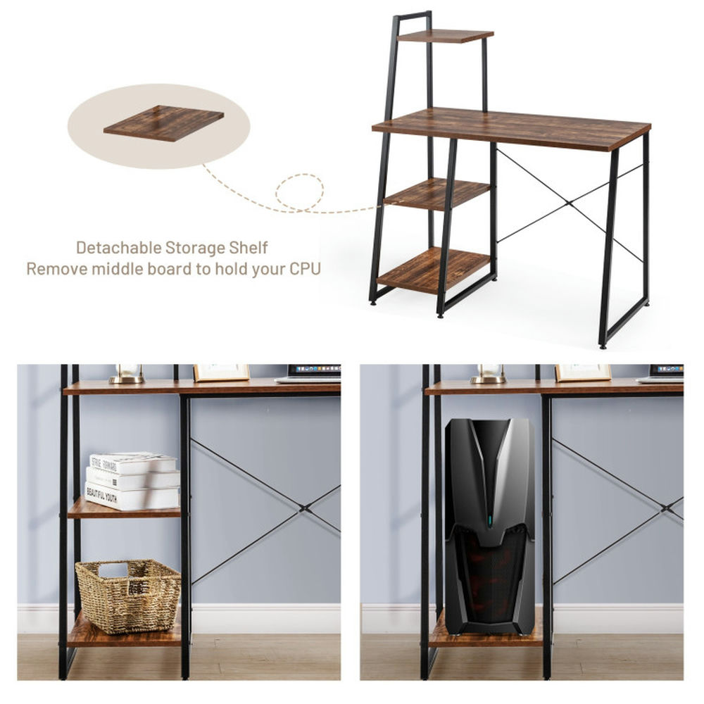 Demi Bonn Compact Computer Desk Workstation with 4 Tier Shelves for Home and Office Desk Study Writing Table, Brown