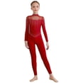 thumbnail image 2 of Hansber Kids Girls Figure Skating Jumpsuit Long Sleeve Mesh Rhinestone Gymnastics Leotard Full Bodysuit Catsuit Burgundy 8, 2 of 6