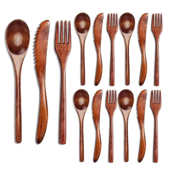 24 Pcs Wooden Spoon Fork Knife Cutlery Set Wooden Dinner Utensil Set