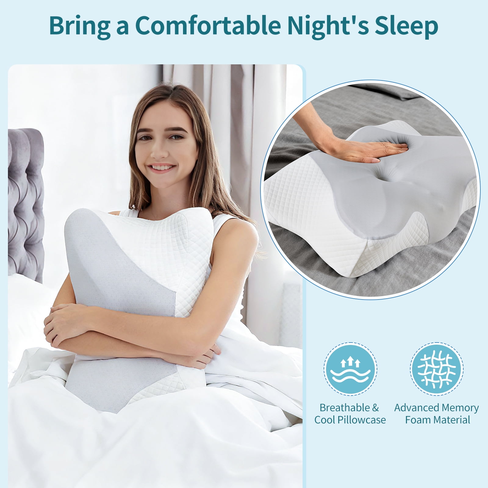 LIFERECORD Cervical Neck Pillow for Pain Relief, Ergonomic Memory Foam Pillow with Cooling Cover, Dual Height Orthopedic Contour Pillow for Side, Back, Stomach Sleepers