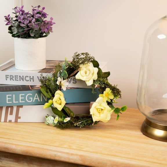 Northlight Mini Rose and Foliage Artificial Spring Wreath - 7" - Yellow