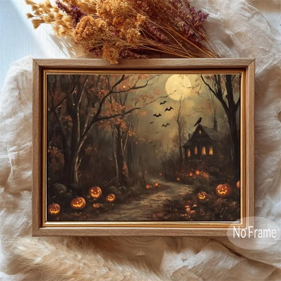 Spooky Halloween Forest Canvas Art Prints Painting Pumpkin Picture Artwork Home Bedroom Farmhouse Decoration No Frame