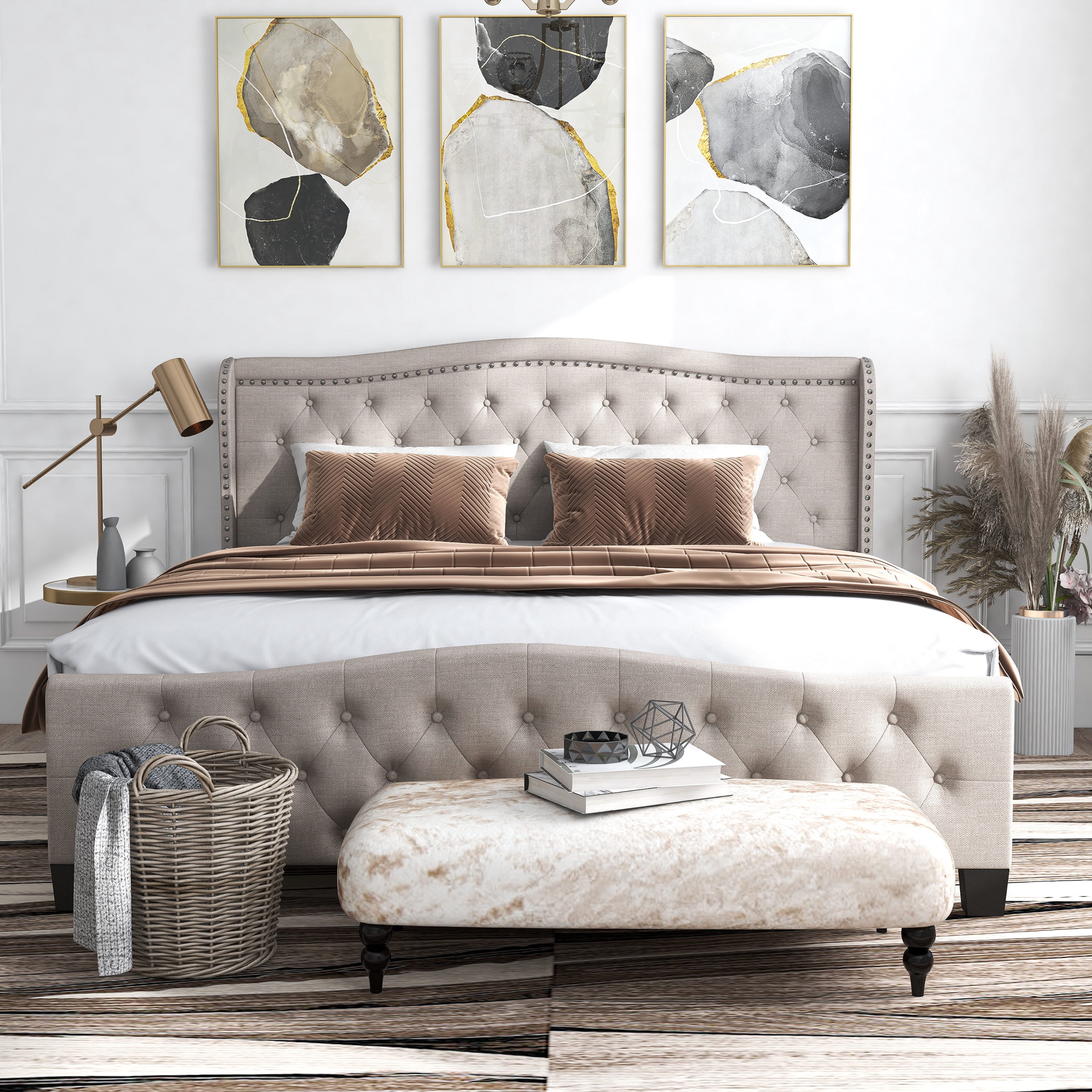 Furniture of America Hillcrest Fabric Tufted Bed, Ivory, Queen