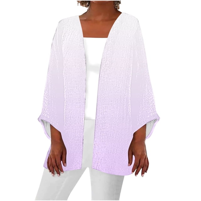 AherBiu Cardigan Léger pour Femmes Manches 3/4 en Lin Ouvert Automne Décontracté